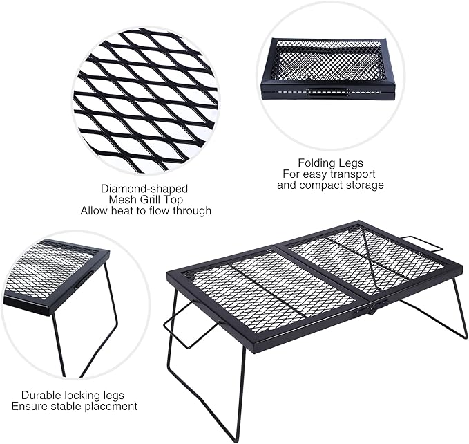 REDCAMP Folding Campfire Grill Heavy Duty Steel Grate Portable Over Fire Camp Grill for Outdoor Open Flame Cooking Large