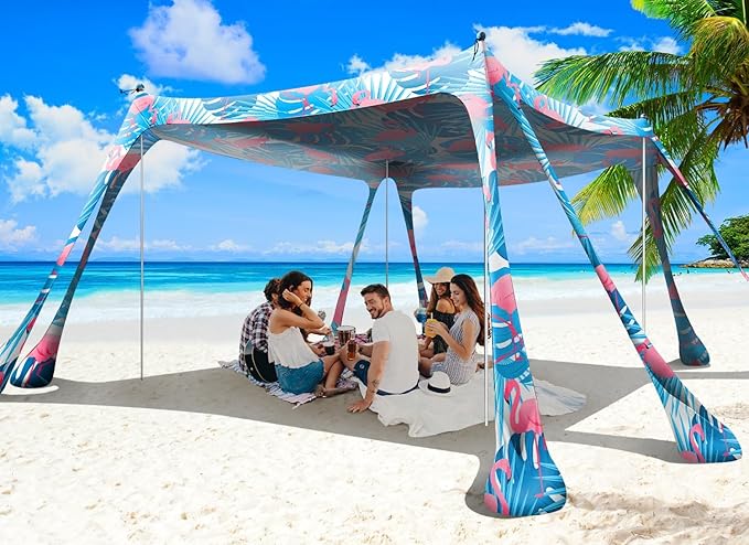Beach Tent Sun Shelter 10x10ft Beach Canopy Easy Pop Up Sun Shade Portable UPF50+ with 8 Sandbags-2 Sand Shovel-4 Aluminum Poles-Ground Pegs for Outdoor Family Camping Fishing Backyard Picnic