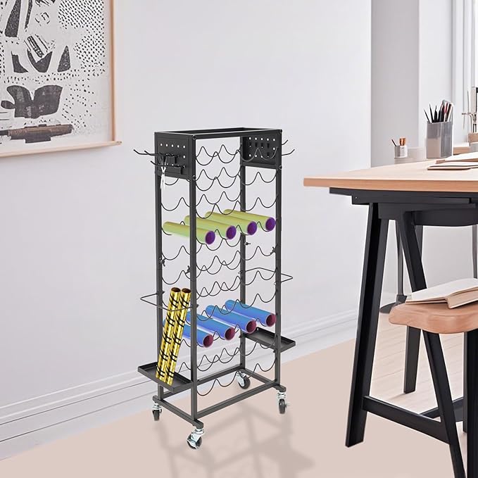 Mobile Vinyl Roll Holder Cart 40 Compartments Vinyl Storage Organizer with 6 Hooks &amp Extra Paper Roll Organizer Tray on 2 Side Vinyl Storage Rack with Wheels for Craft Room (Black)