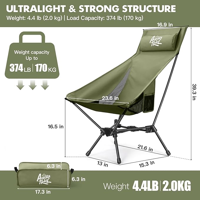 AuroraTrail High Back Folding Camping Chair with Pillow – Lightweight Portable Outdoor Chair with Cup Holder &amp Carry Bag Sturdy Aluminum Frame Supports up to 374 lb for Camping Hiking &amp Fest