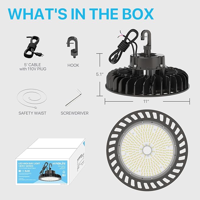HYPERLITE LED High Bay Light | 29000LM (200W) Dimmable High Bay LED Lighting | UL Listed | 5000K Commercial Lights | US Hook Included | Alternative to 850W MH/HPS | 4-Pack