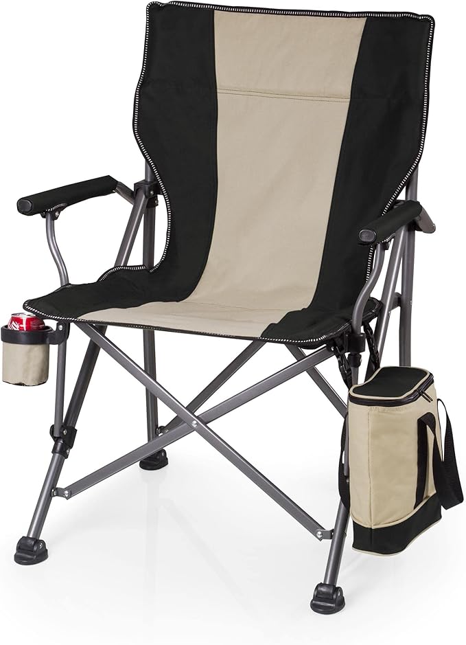 PICNIC TIME Outlander XL Heavy Duty Folding Camping Chair with Insulated Cooler Oversized Portable Lawn Beach &amp Camp Chair with Cup Holder Storage Pocket Carry Bag 400 lb Capacity (Black)