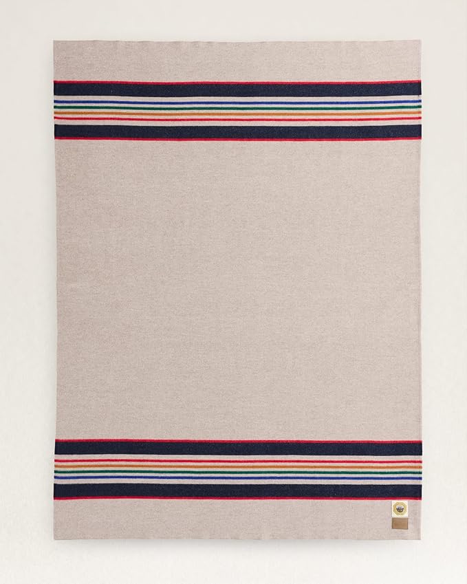 Yellowsstone National Park Wool Blanket Queen Size Natural with Multicolor Stripes Pure Virgin Wool
