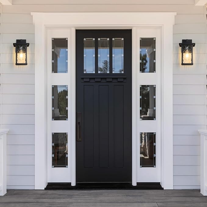 Outdoor Wall Sconce Outside Porch Light Fixtures Wall Mount Anti-Rust Exterior Wall Lights in Wood Grain Finish &amp Black Finish with Water Ripple Glass for Garage Doorway Entryway