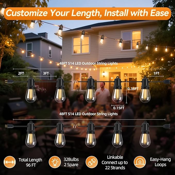 96FT Total LED Outdoor String Lights 2-Pack Dimmable Commercial Grade S14 Bulbs IP44 Weatherproof &amp Shatterproof for Large Patio Cafe Event