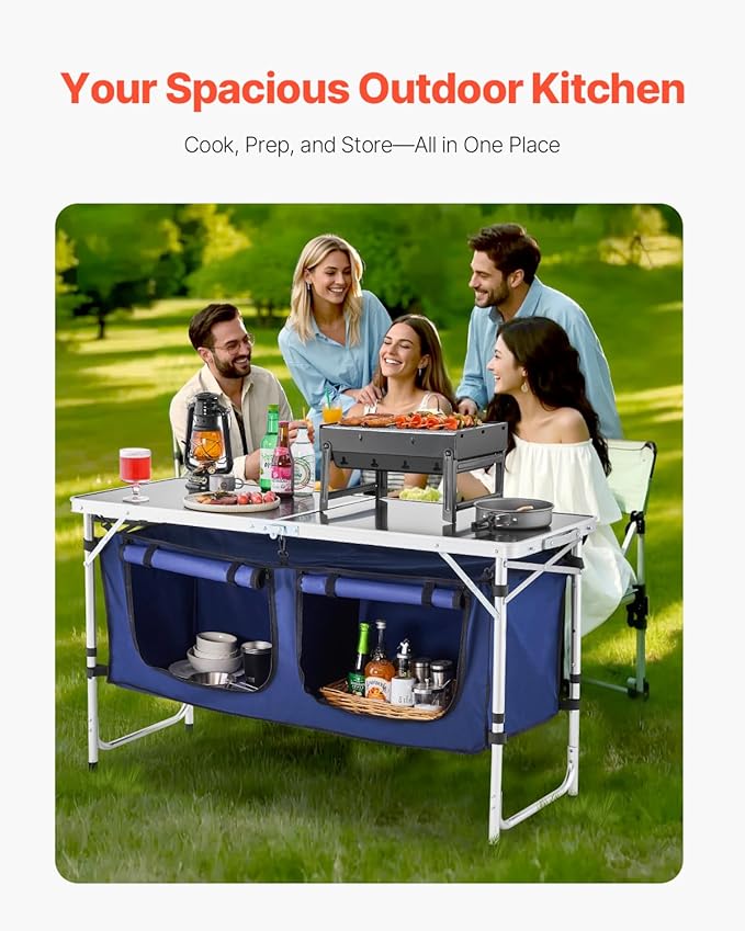 VEVOR Camping Kitchen Table Folding Outdoor Cooking Table 3 Adjustable Height Aluminum Lightweight Portable Cook Station with Storage Organizer Carry Handle for BBQ Party Picnic RV Travel Blue