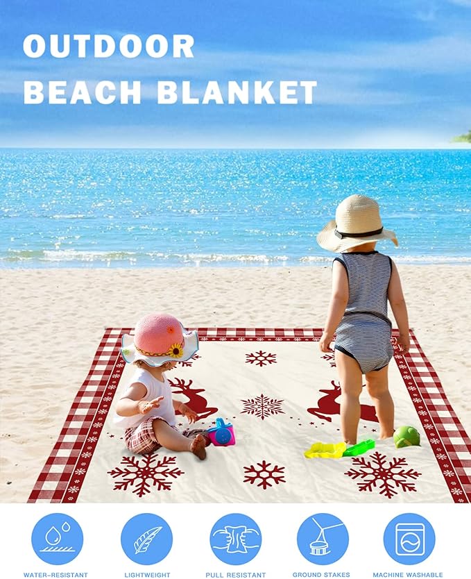 Beach Blanket Waterproof Sandproof OversizedChristmas Animal Elk Winter Snowflake Beach Mat with Corner Stakes Sand PocketsRed Buffalo Plaid White Check Outdoor Picnic Mat for Travel 95x80In