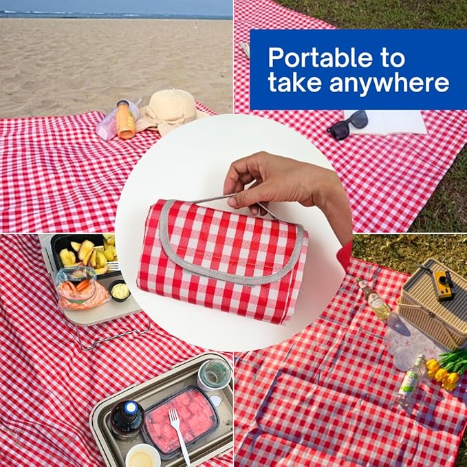 Cute Gingham Picnic Blanket Waterproof Foldable in Large 80x60in and Extra Large 80x80in Portable Compact Beach Blanket Oversized XL Outdoor Mat (Red X-Large)