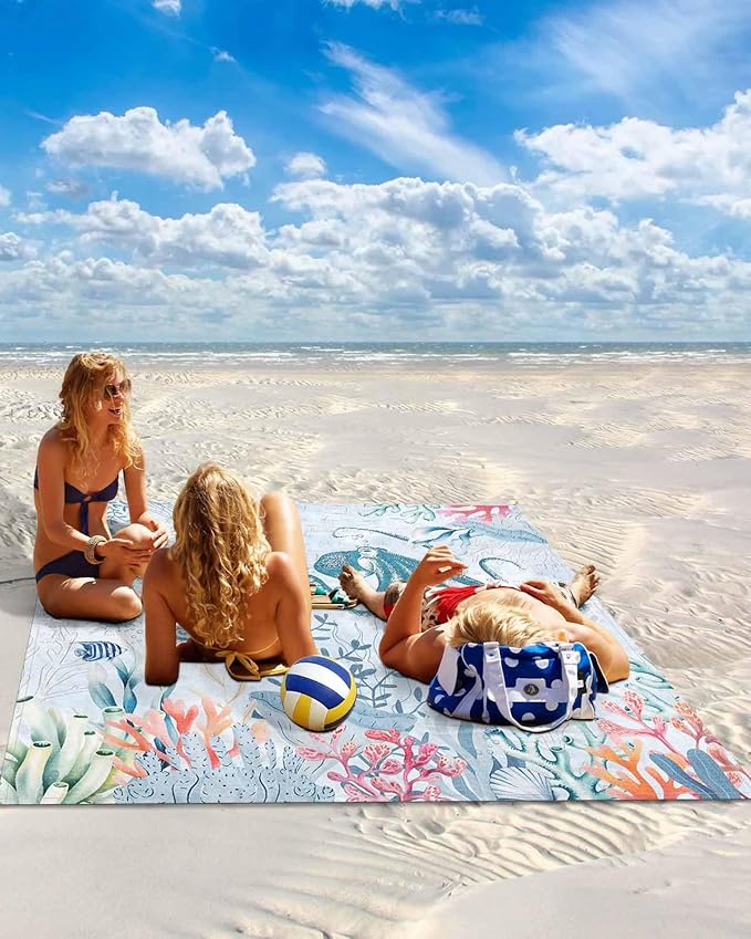 Ocean Octopus Beach Blanket Waterproof Sandproof Watercolor Seaweed Sea Horse Coral Blue Letter Texture Beach Mat Quick Drying Outdoor Picnic Mat 95 x 80 for 1-5 Adults Essentials for Camping