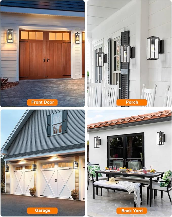 VIANIS Outdoor Wall Lights Dusk to Dawn Large Exterior Light Fixture Wall Mount for House Front Porch Light Black Anti-Rust Modern Outside Wall Sconces with Tempered Glass Shade for Garage