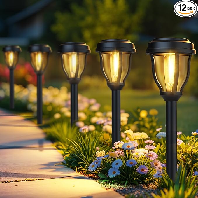 DERAYSION 12 Pack Solar Lights Outdoor Solar Pathway Lights Auto On/Off Waterproof Garden Landscape Lighting for Path Yard Walkway Driveway Decor
