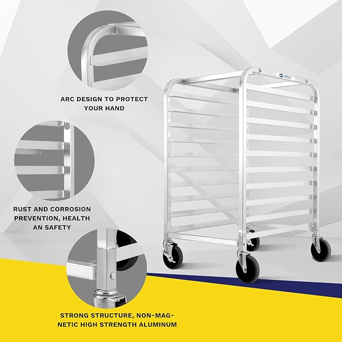 10-Tier Sheet Pan Rack with Cover NSF Bun Pan Rack Aluminum Bakery Rack Home Commercial Kitchen Bakery Cooling 4 Wheels
