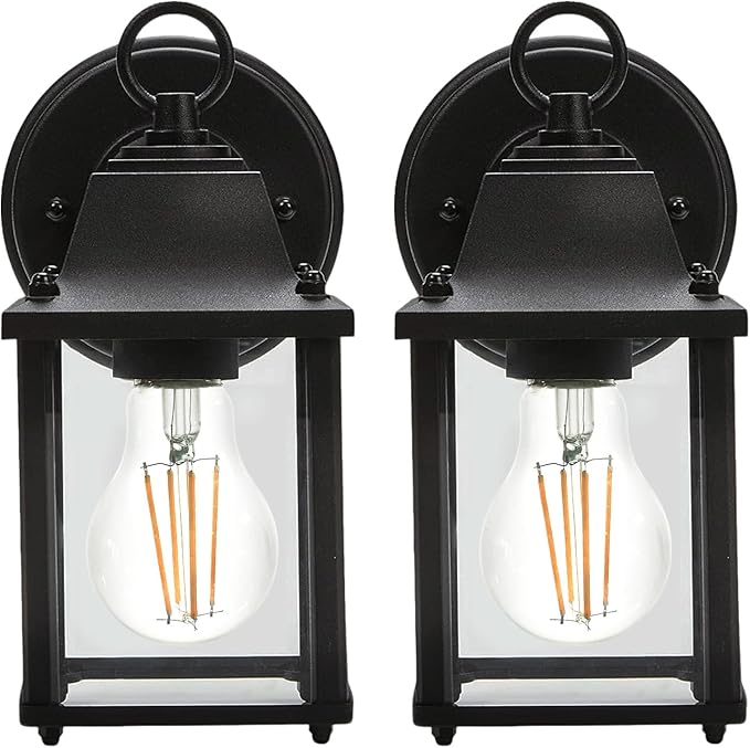 Outdoor Light Fixture Matte Black Front Porch Lamps with Glass Shades 8.7IN Exterior Waterproof Wall Mount Lantern with E26 Sockets Outside Lights for House Garage Doorway Patio 2Pack