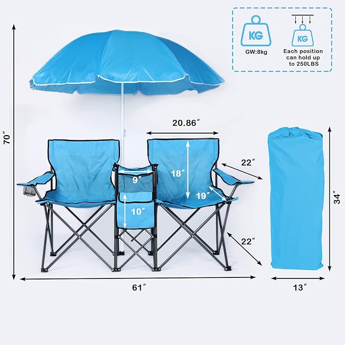 LAZZO Double Folding Camping Chairs Portable Picnic Camping Chairs w/Umbrella Mini Beverage Holder Carrying Cooler Bag Outdoor Picnic Double Folding loveseat Camp Chairs for Beach Patio Pool Park