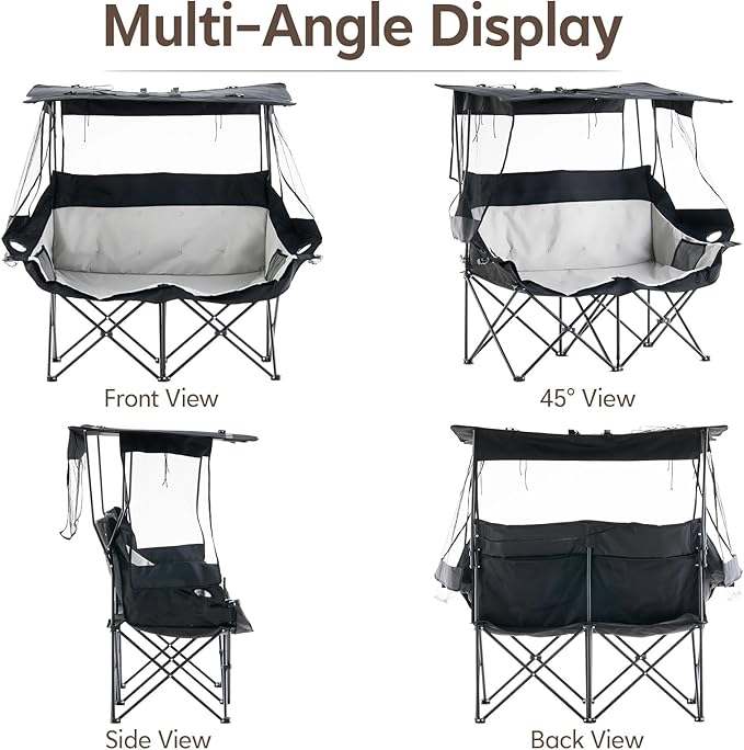 TUKAILAi Double Camping Chair with Canopy Shade Oversized Folding 2 Person Loveseat with Cup Holders and Side Pockets Portable Outdoor Couch for Beach Lawn Picnic Fishing (Black + Grey)