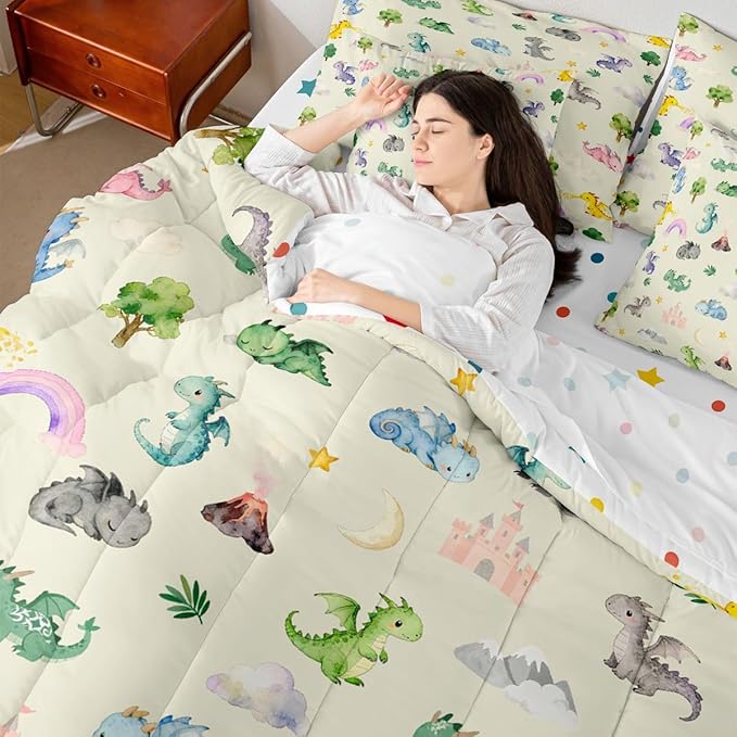 Kids Baby Dragon 7 Piece Bedding Set Twin Size Animal Comforter Set with SheetsPillowcases &amp Cushion Cover for Boys Girls Teens Bedroom Decor Cartoon Wildlife Bed in a Bag Microfiber Women Men Be