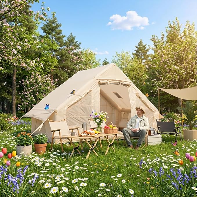 Inflatable Camping Tent with Hand Pump 3-5 Min Setup Glamping Tent for 4 People Waterproof Windproof 4 Seasons Air Cabin Tent with Mesh Windows &amp Chimney Port 118 Oxford Blow Up
