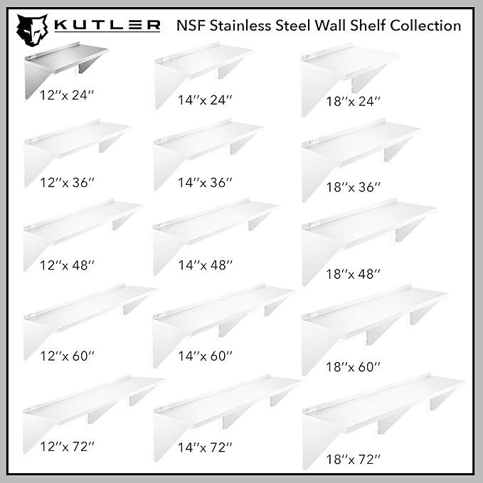 KUTLER Stainless Steel Shelf - 12 x 24 NSF Commercial Wall Mount Shelves with Backsplash Floating Metal Shelving for Restaurant Kitchen Home
