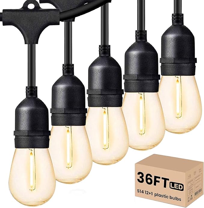Svater Outdoor Led String Lights 36 FT Patio Lights for Outside with 13pcs S14 Shatterproof Bulbs 1 Watt E26 Dimmable IP65 Waterproof Commercial Grade Bistro Light 2700K Warm White