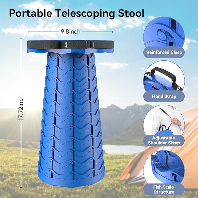 2025 Upgraded Collapsible Stool Portable Folding Stool Telescoping Camping Stool with Max Load Capacity 485lbs Square Retractable Seat for Camping Gardening Fishing Hiking BBQ [Blue]