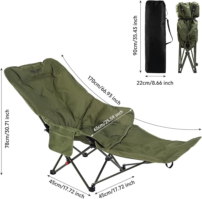 Dual Purpose Folding Camping Cot and Chair with Removable Footrest for Adults Easy-to-Assemble Adjustable Sleeping Chair with Carry Bag for Fishing Hiking Travel Home (Dark Green)