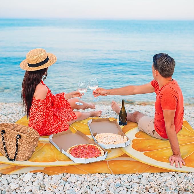 Waterproof Sandproof Beach Blanket 59''×68'' Fruit Polyester Outdoor Picnic Blanket with 4 Stakes &amp Storage Bag for BeachCampingVacation Lemon
