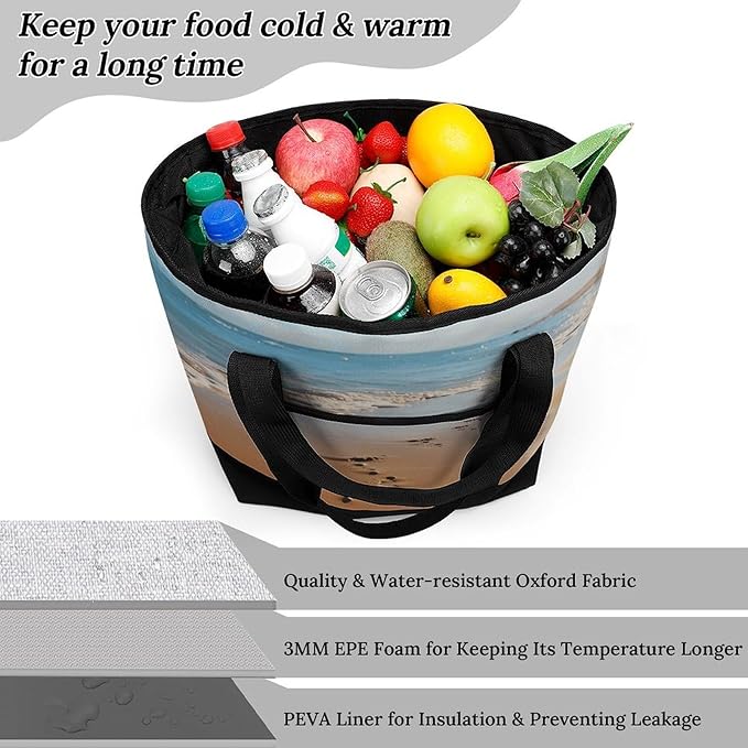 Insulated Shopping BagLarge Reusable Cooler Bags Beach Footprints Printed Foldable Shopping BagTravel Waterproof Shoulder Bag