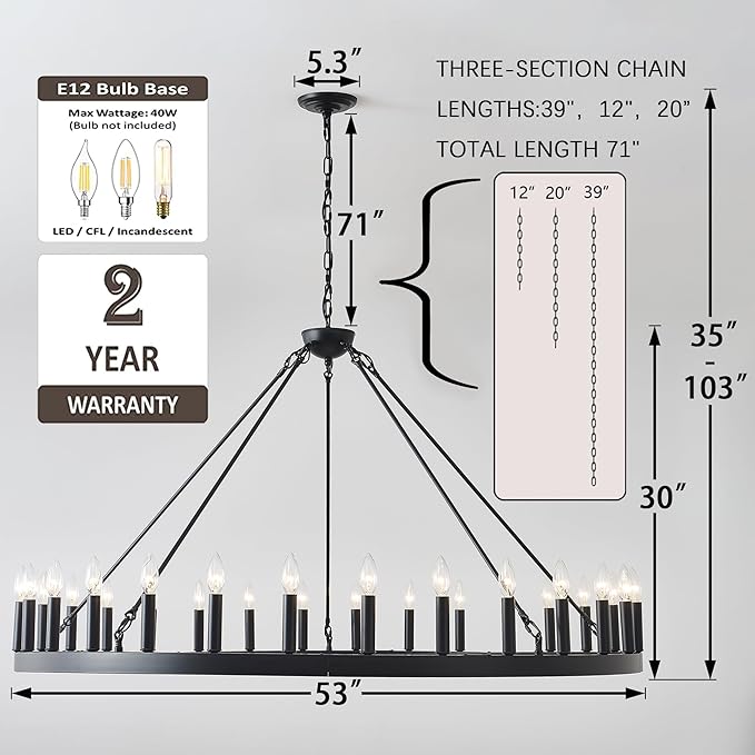 53 Inch Black Extra Large Wagon Wheel Chandelier 30-Lights Farmhouse Industrial Round High Ceiling Pendant Light Adjustable Chain for Dining Room Living Room