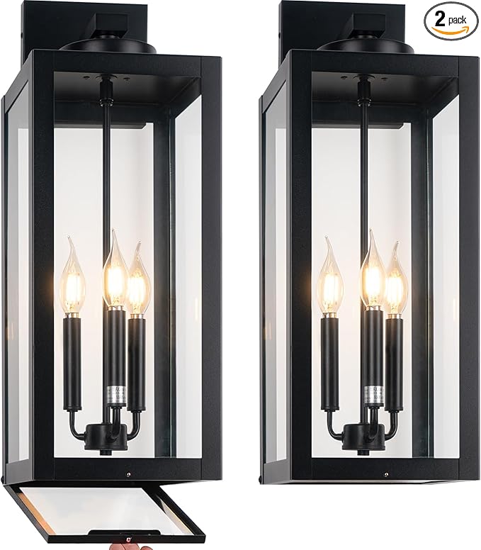 24 Extra Large Fully Enclosed Outdoor Light Fixture 3-Light Black Outdoor Porch Lantern Wall Mounted Waterproof Modern Outside Wall Sconce Coach Lamp for House E12 2 Packs