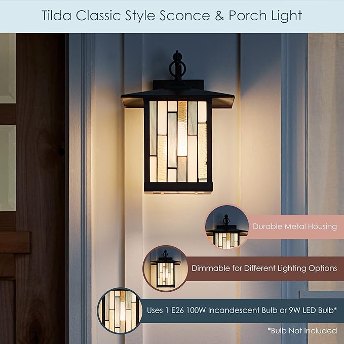 RIVER OF GOODS Stained Glass Outdoor Light Fixture - 11.75 H - Mission Style Porch Light - Tilda
