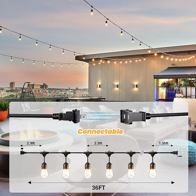 Svater 36 FT Outdoor String Lights 2W Commercial Grade Patio Light with 13 pc Edison Shatterproof Bulbs IP65 Waterproof LED Hanging Lighting for Bistro Cafe Market Outside Backyard Warm White 2700K