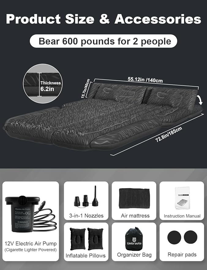 Umbrauto SUV Air Mattress for Trunk: Upgraded Car Camping Mattress with Flocked Surface and Extra Thick Bottom Van Sleeping Bed for Back Seat with Pump Nozzle Repair Patch Carry Bag