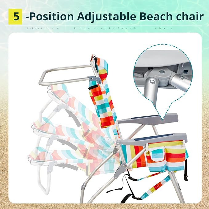 Lightweight Folding Beach Chair with Adjustable Back Cup Holder &amp Storage Pouch for Outdoor Activities
