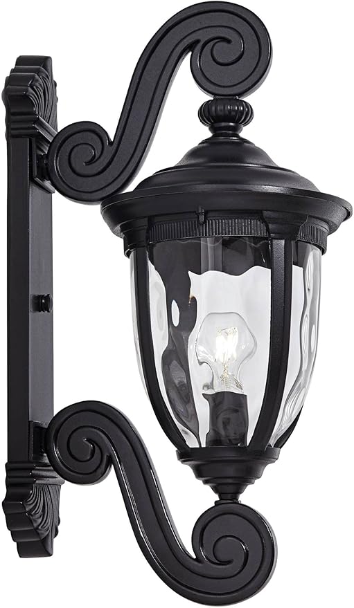 John Timberland Bellagio European Outdoor Wall Light Fixture Texturized Black Dual Scroll Arm 24 Clear Hammered Glass for Exterior House Porch Patio Outside Deck Garage Front Door Garden Home