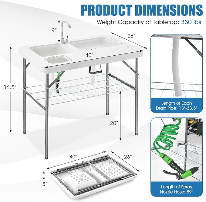 Goplus 40'' Folding Fish Cleaning Table with Dual Water Basins Faucet Drainage Hose &amp Sprayer Portable Camping Sink Table Outdoor Fish Fillet Cleaning Station with Grid Rack for Picnic