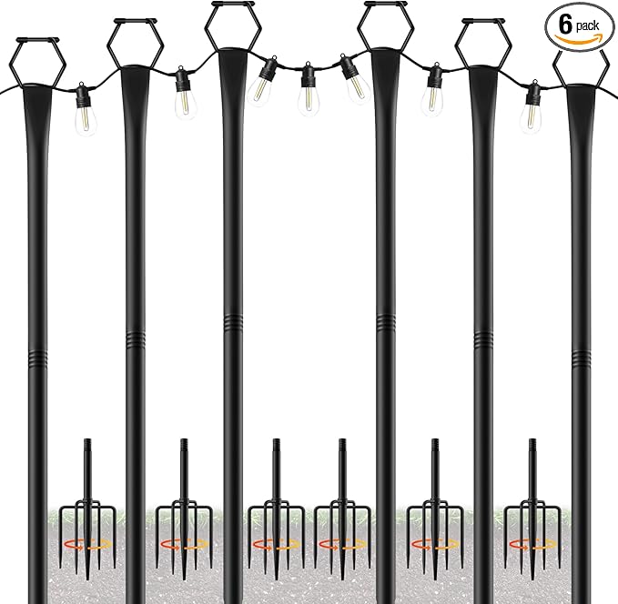 10Ft String Light Poles 6 PackLight Poles for Outside LightsOutdoor with Fence Brackets Hanging LightsMetal Stand Deck Patio Backyard