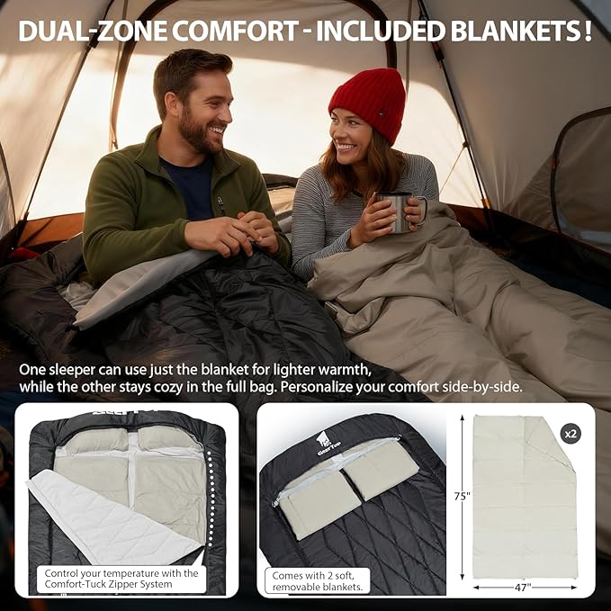 GEERTOP Double Camping Sleeping Bag with Blanket Queen Size Two Person Sleeping Bag for Adults Couples or Family Outdoor Backpacking Travel