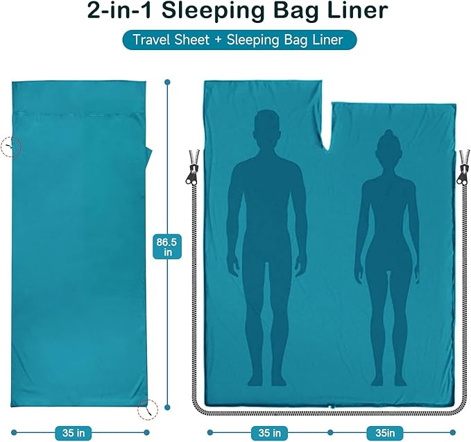Sleeping Bag Liner Ultralight Silky Satin Adult Sleep Sack &amp Self Tan Sleep Sack with Two-Way-Zipper Single Camping Sheet &amp Travel Sheets for Hotel