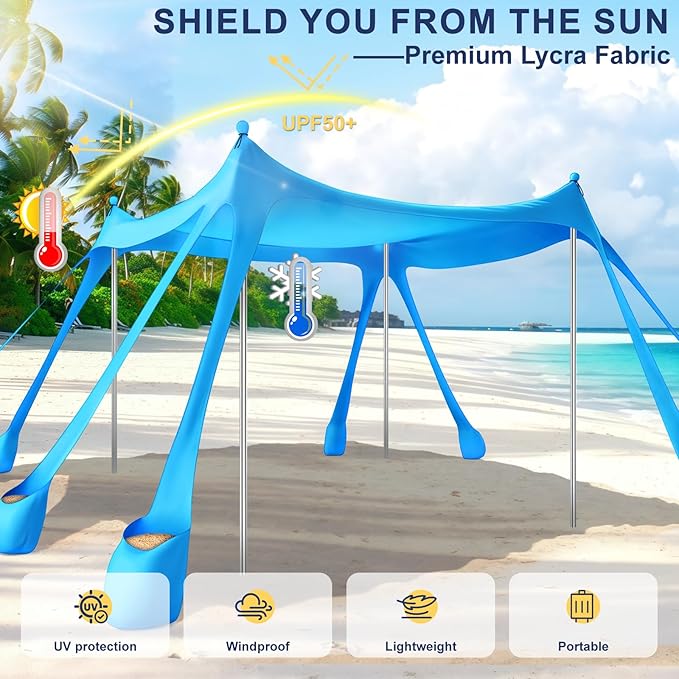 Beach Tent Sun Shelter UPF 50+10x10 FT Beach Canopy Tent Sun ShadePop Up Beach Canopy with 8 Sandbags Outdoor Beach Shade for Camping Trips Fishing Backyard Fun Picnics (Sky Blue)