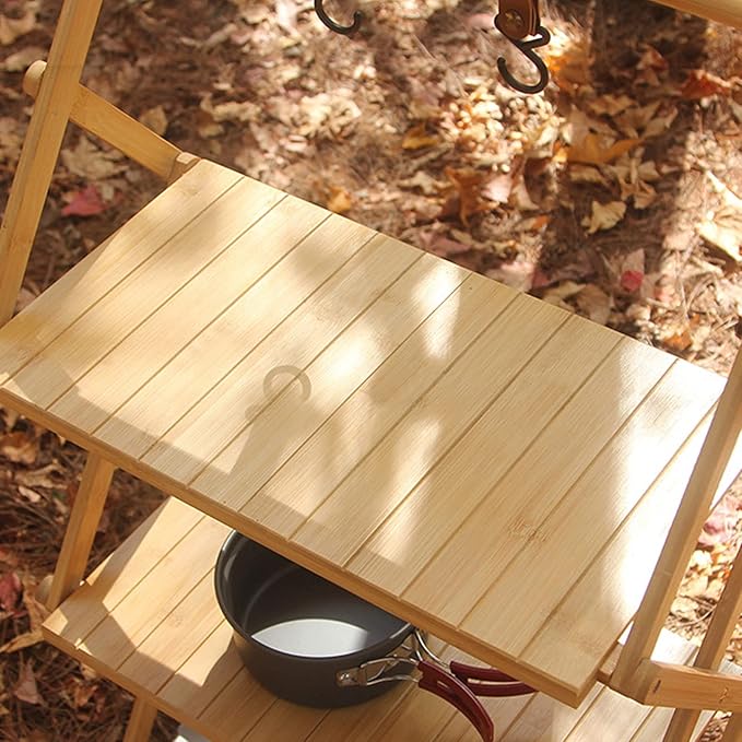 Wood Rack Portable Strong Bearing Capacity Folding Wooden Shelf for Outdoor Picnic 3 Layer Down Into Lightweigh Wood RackFolding Wooden ShelfCamping Portable Folding ShelfFolding (4 Layers)