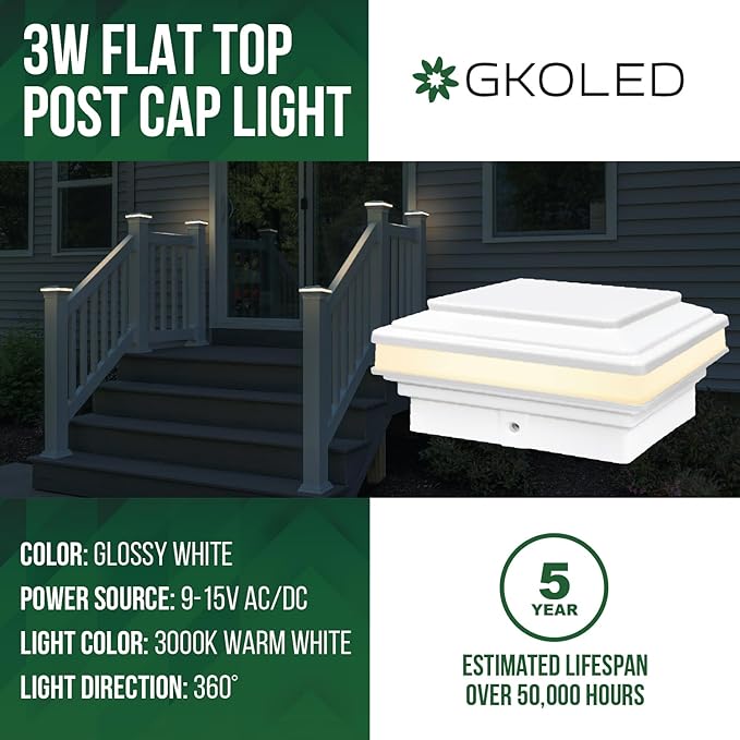 GKOLED Low Voltage Flat Top Post Cap Light 3W 12V AC/DC Outdoor Fence Lighting for 3.5'' x 3.5'' and 4.0’' x 4.0’’ 3000K LED Fence Lights for Landscape Waterproof Die-cast Aluminum Top White