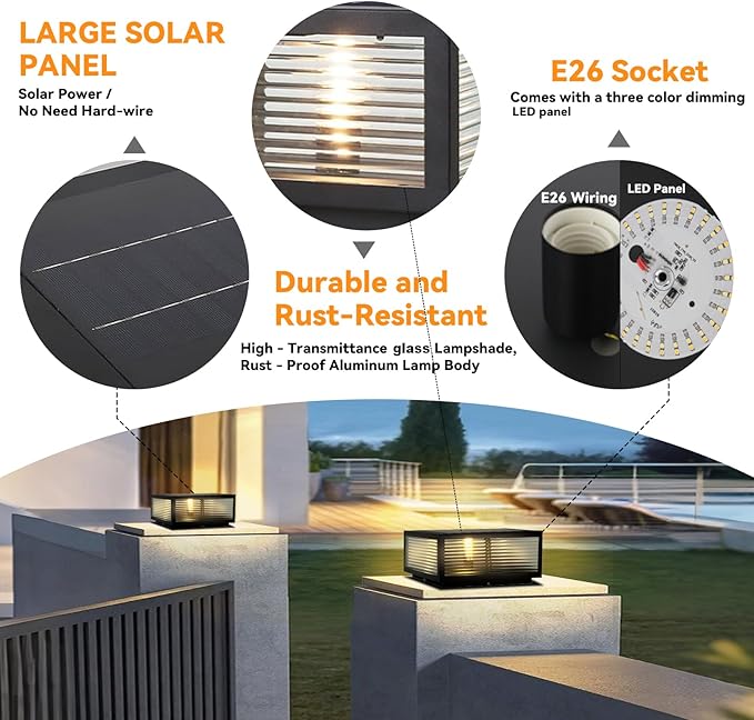 Solar Outdoor Post Light Luxury Modern Solar Outdoor Column Lights Fence Deck Post Cap Light with IP65 Waterproof Pillar Lights Outdoor for Flat Surface Patio Garden Column Cap Light