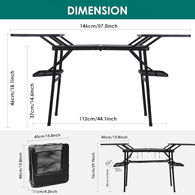 CDEN Camping Table Campact Table Folding Portable Tables Tailgate Tables with Side Table 4 Side Shelves mesh net for Camping Picnic BBQ