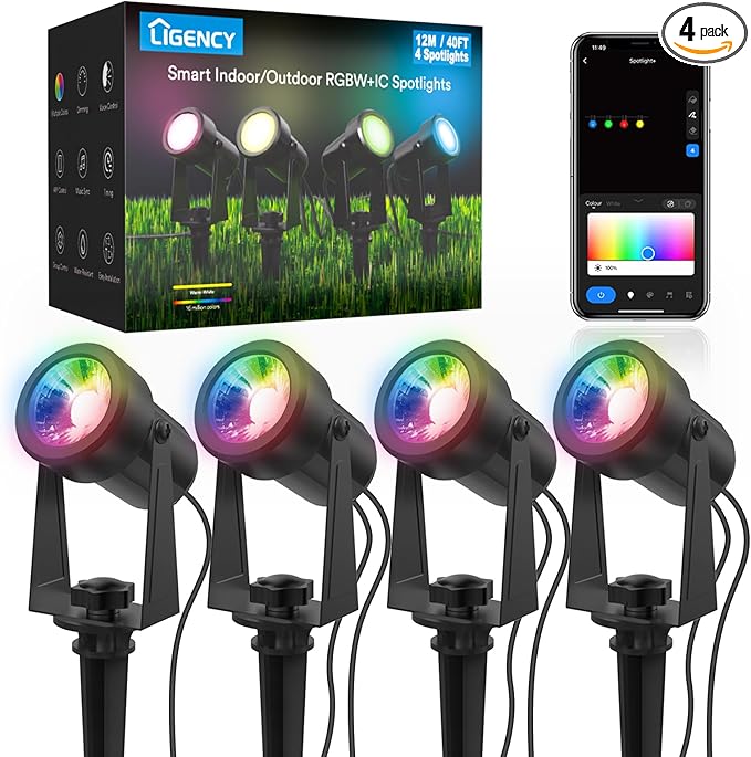 Ligency Spotlight Outdoor Smart Low Voltage Landscape Lights 4 Pack Outdoor Spot Lights IP65 Waterproof RGBW Color Changing Spotlights for Yard Garden 40Ft