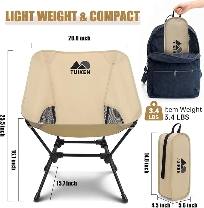 Ultralight Camping Chair Backpacking Chair Portable Camp Chair with Cup Holder &amp Storage Bag Lightweight Compact Folding Chair for Hiking Travel Picnic Mountaineering (Light Brown)