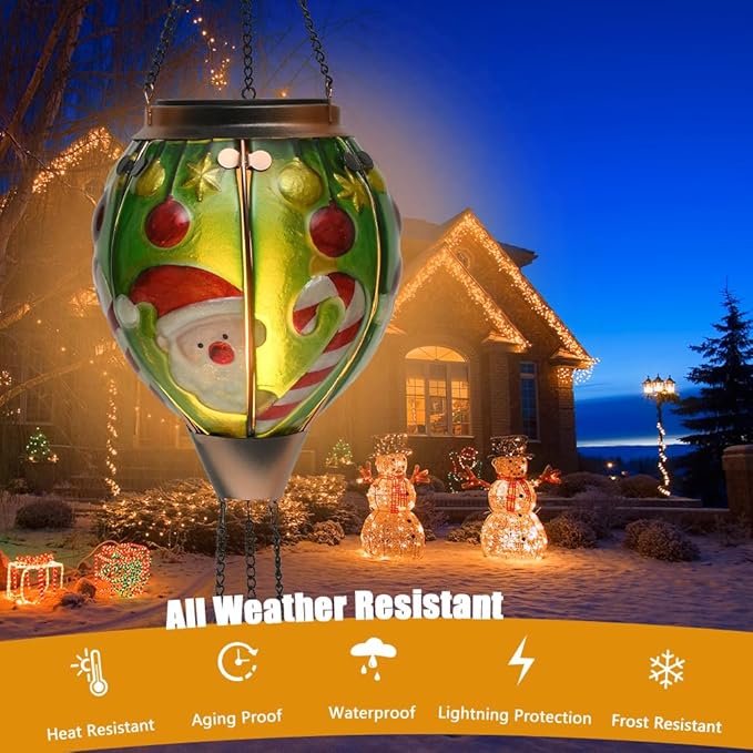 Solar Powered Hot Air Balloon Lantern - Santa Glass Lantern Simulated Flickering &amp Dancing Flame Outdoor Hanging Yard Light Waterproof IP65 for Patio Lawn Porch Christmas Decor Gift