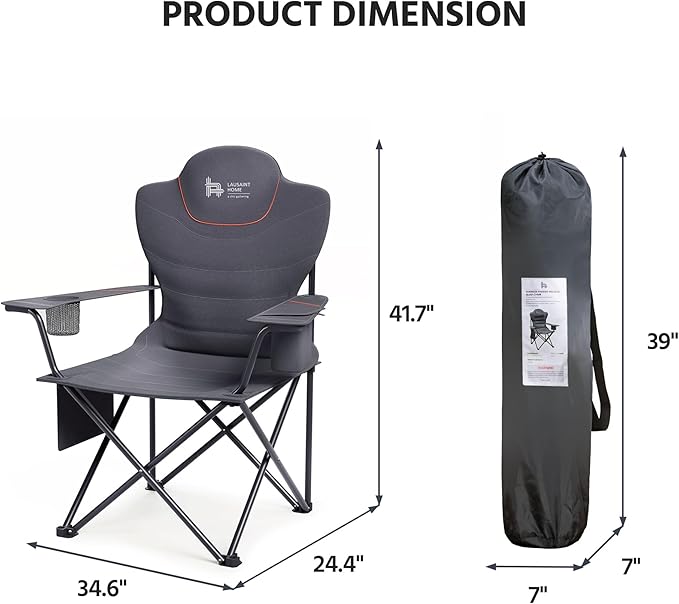 LAUSAINT HOME Portable Camping Chair for Adults Full Padded Folding Chair Support 300 LBS Heavy Duty Lawn Chair with Cup Holder Cooler Bag Storage Pocket Lumbar Support Head Pocket（Grey）
