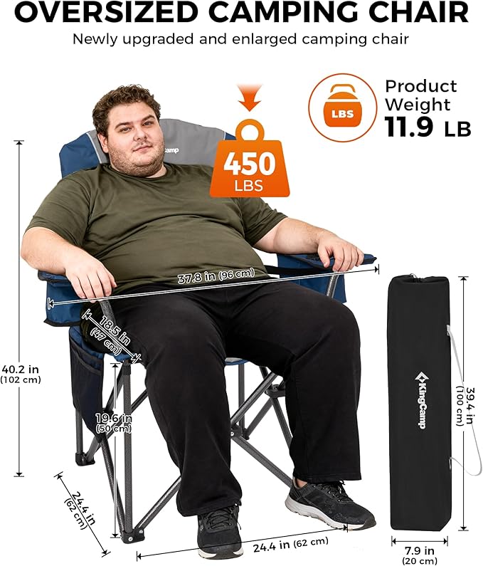 KingCamp Oversized Camping Folding Chair Heavy Duty 450 LBS with Lumbar Support Padded seat with Cup Holder&ampCooler Bag Ideal for Camp Fishing Sports Event Backyard Patio Lawn(Blue/MediumGr