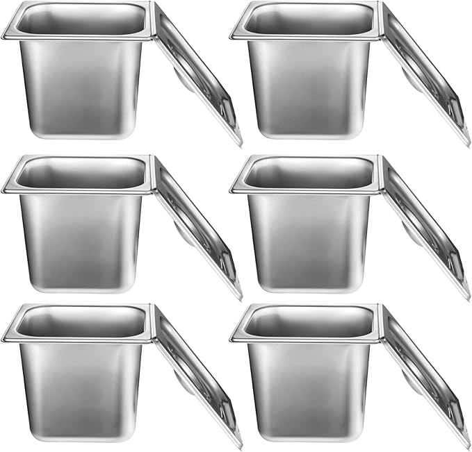6 Pack Stainless Steel Hotel Pans with Lid 1/6 Size x 6 Deep Steam Table PAN 0.8 mm Thick Commercial Food Storage Containers Anti Jam Pan Stainless Steel Steamer Pan for Hotel Restaurant Buffet