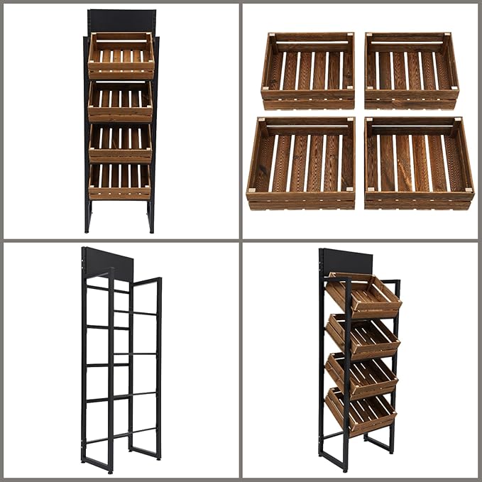 4-Tier Solid Wood Fruit and Vegetable Storage Rack Narrow Snack Rack Stand Farmers Market Stand for Kitchen Store Supermarket
